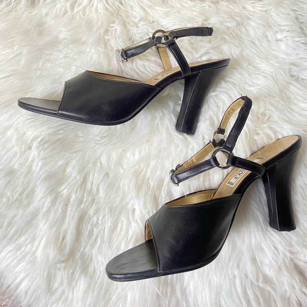1990s Gianne Versace Black and Silver Medusa Head Medallion Slingback Heels S 6